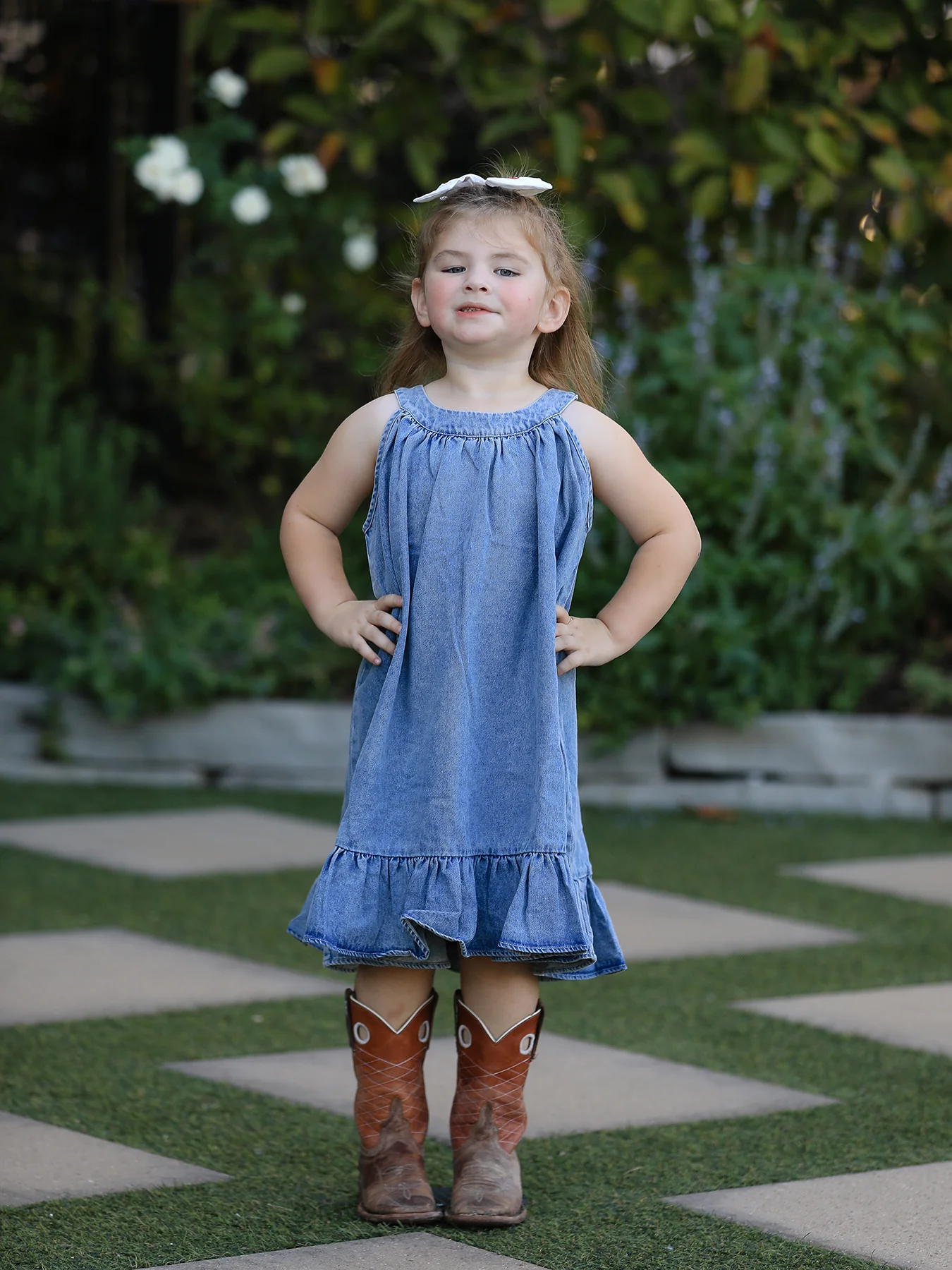 Girls Denim Ruffle Trim A-Line Dress - Image 5