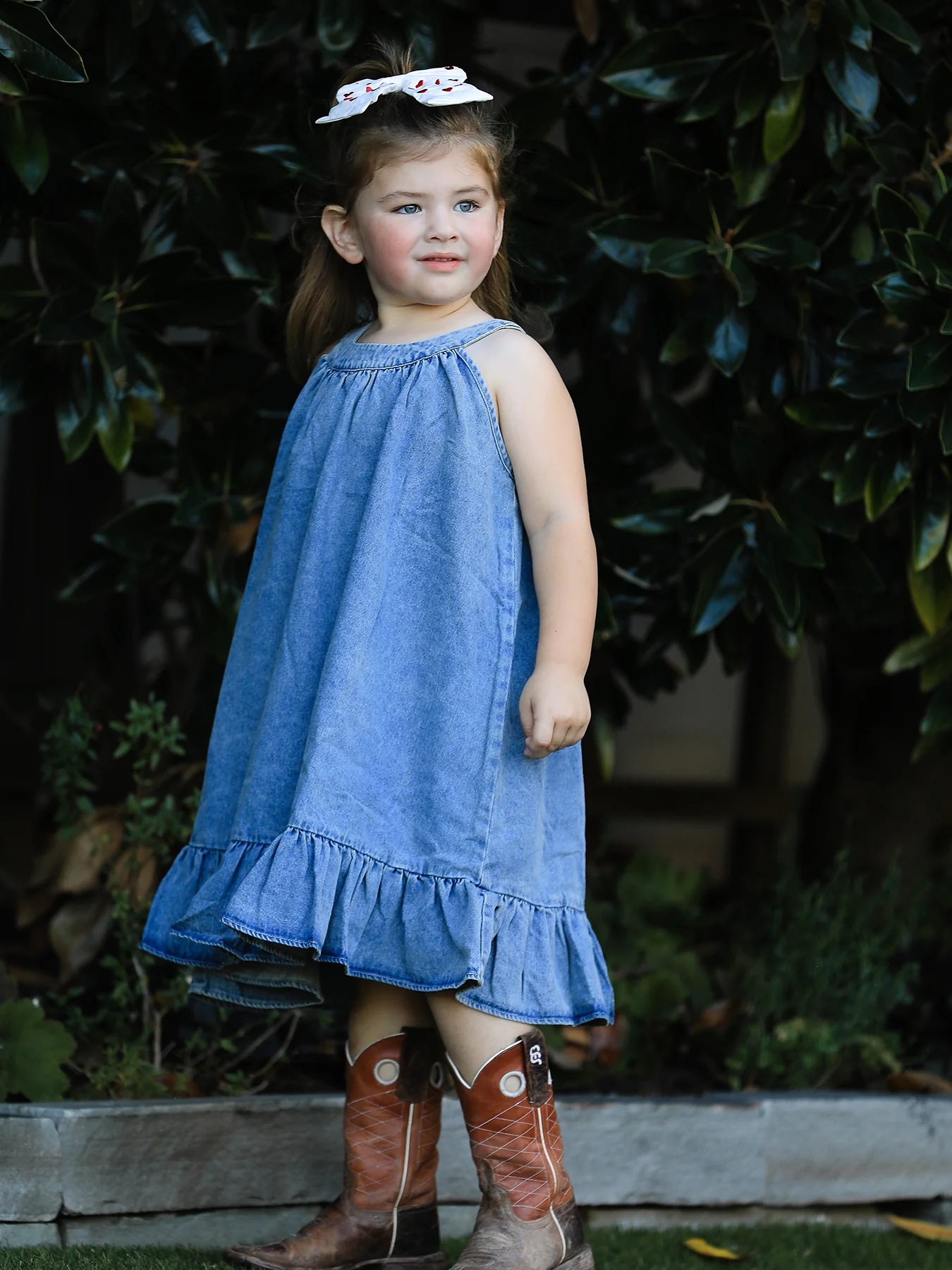 Girls Denim Ruffle Trim A-Line Dress - Image 6