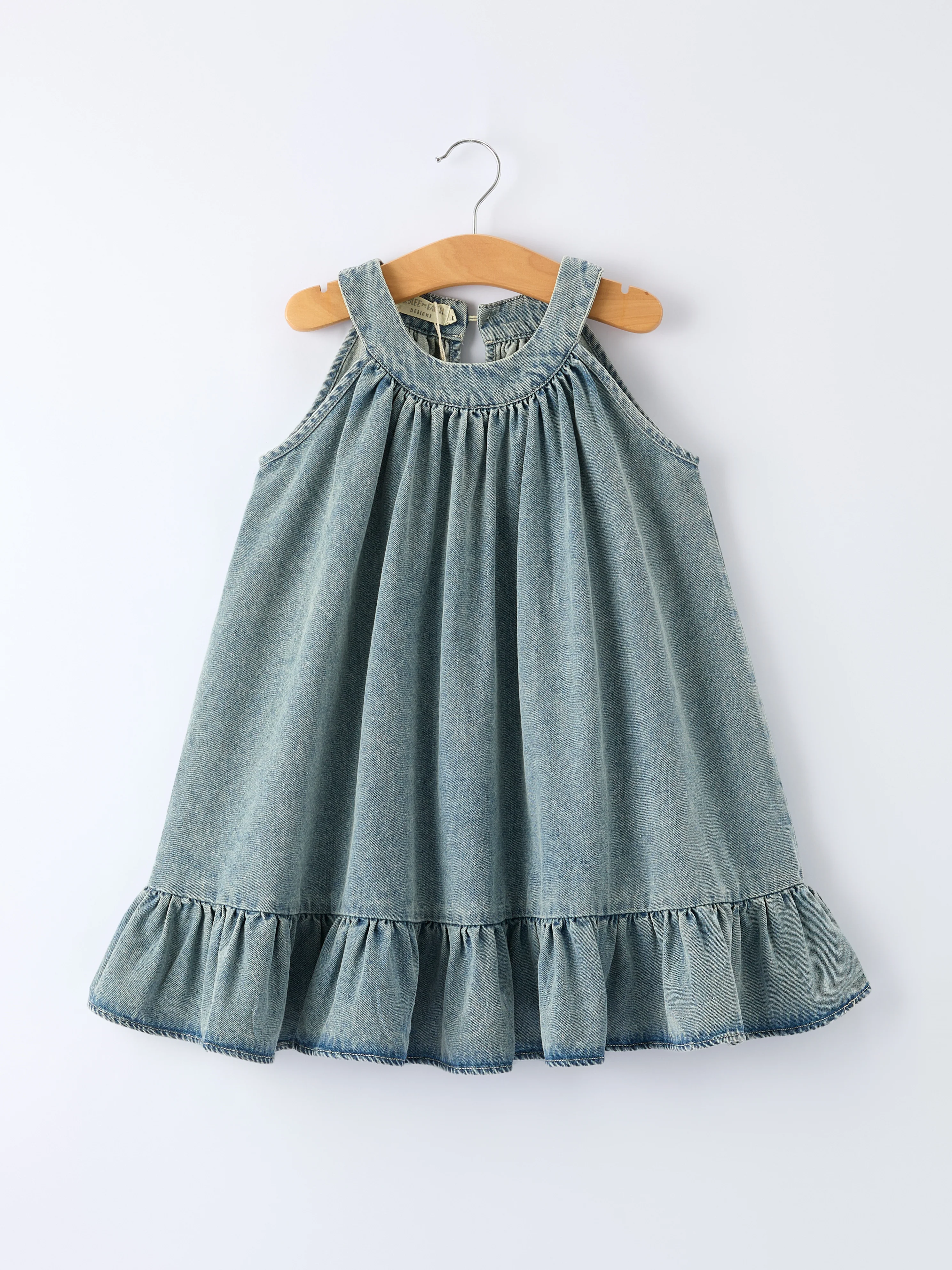 Girls Denim Ruffle Trim A-Line Dress - Image 8