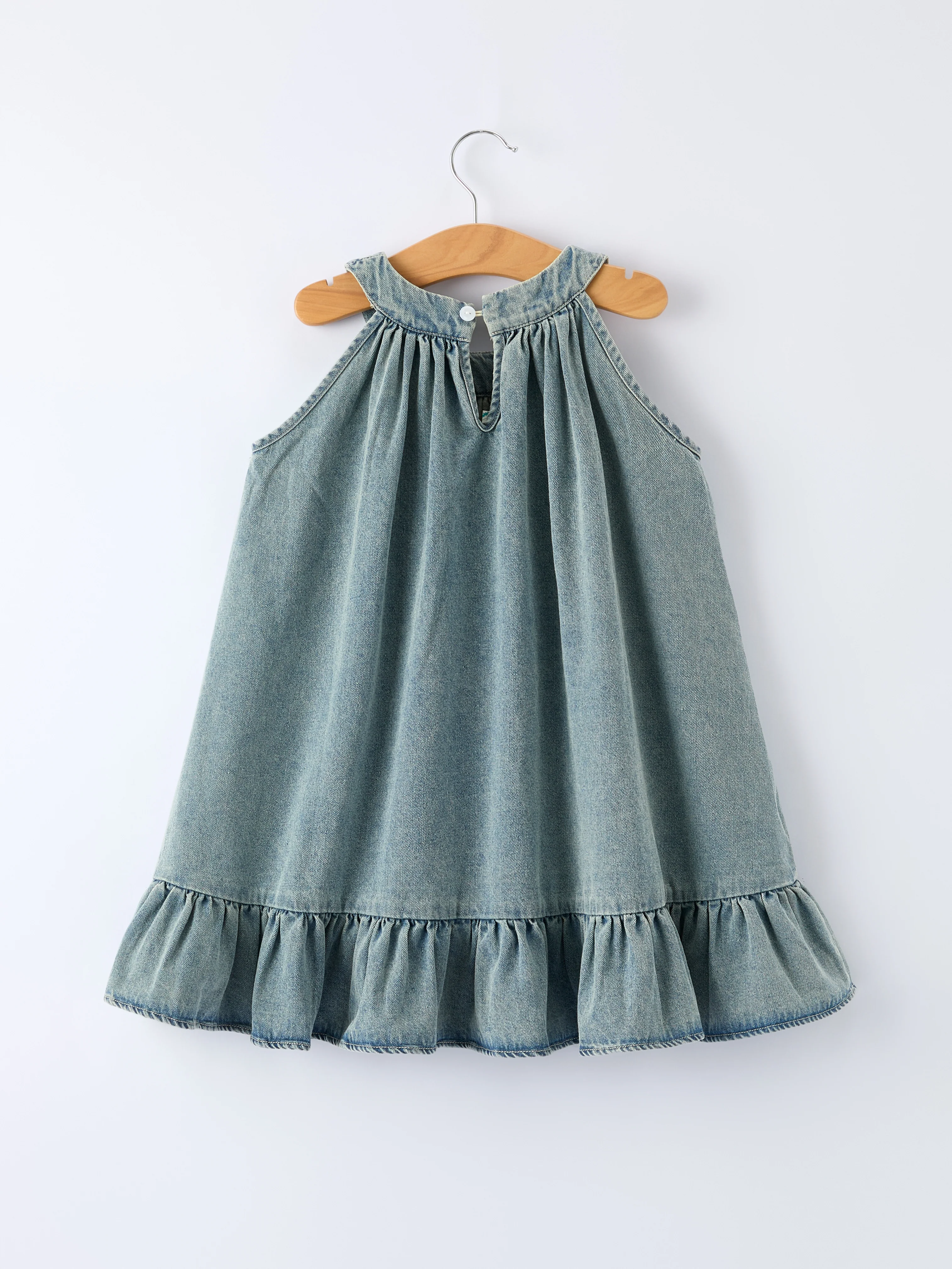 Girls Denim Ruffle Trim A-Line Dress - Image 9