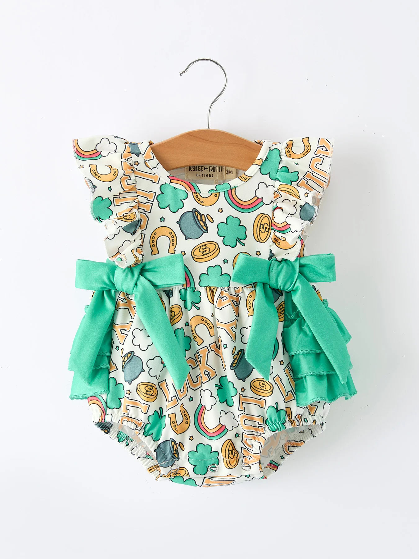 St Patrick's Day Shamrock Bow Baby Girl Romper