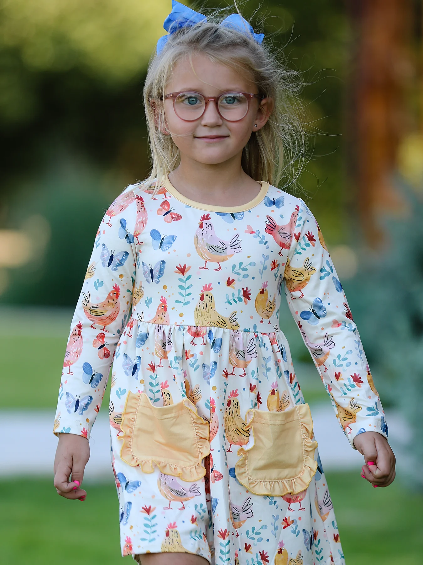 Charming Chicken & Butterfly Girls Dress with Cute Ruffled Pockets - Image 4