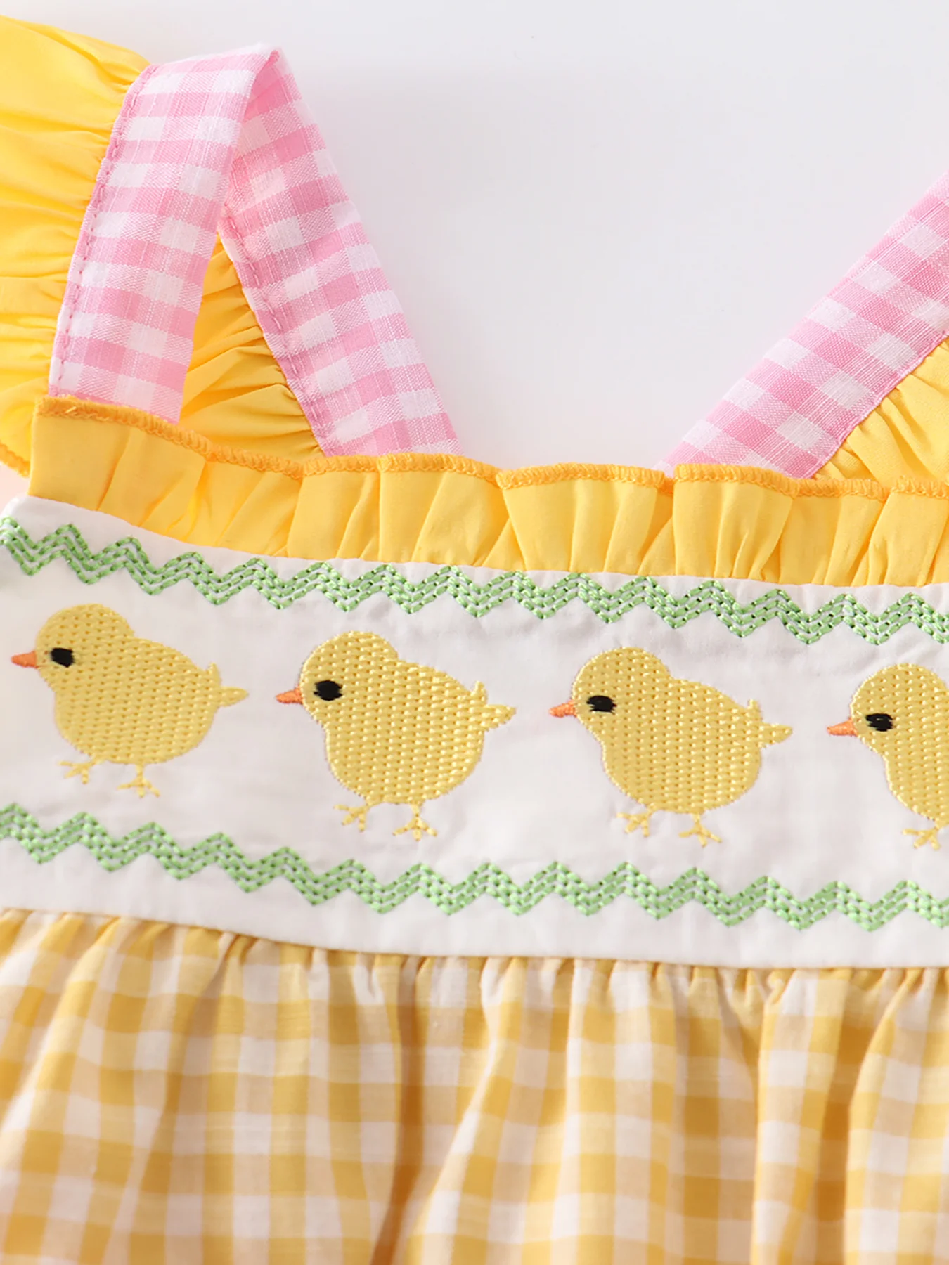 Yellow Plaid Chicken Applique Ruffle Baby Romper - Image 4