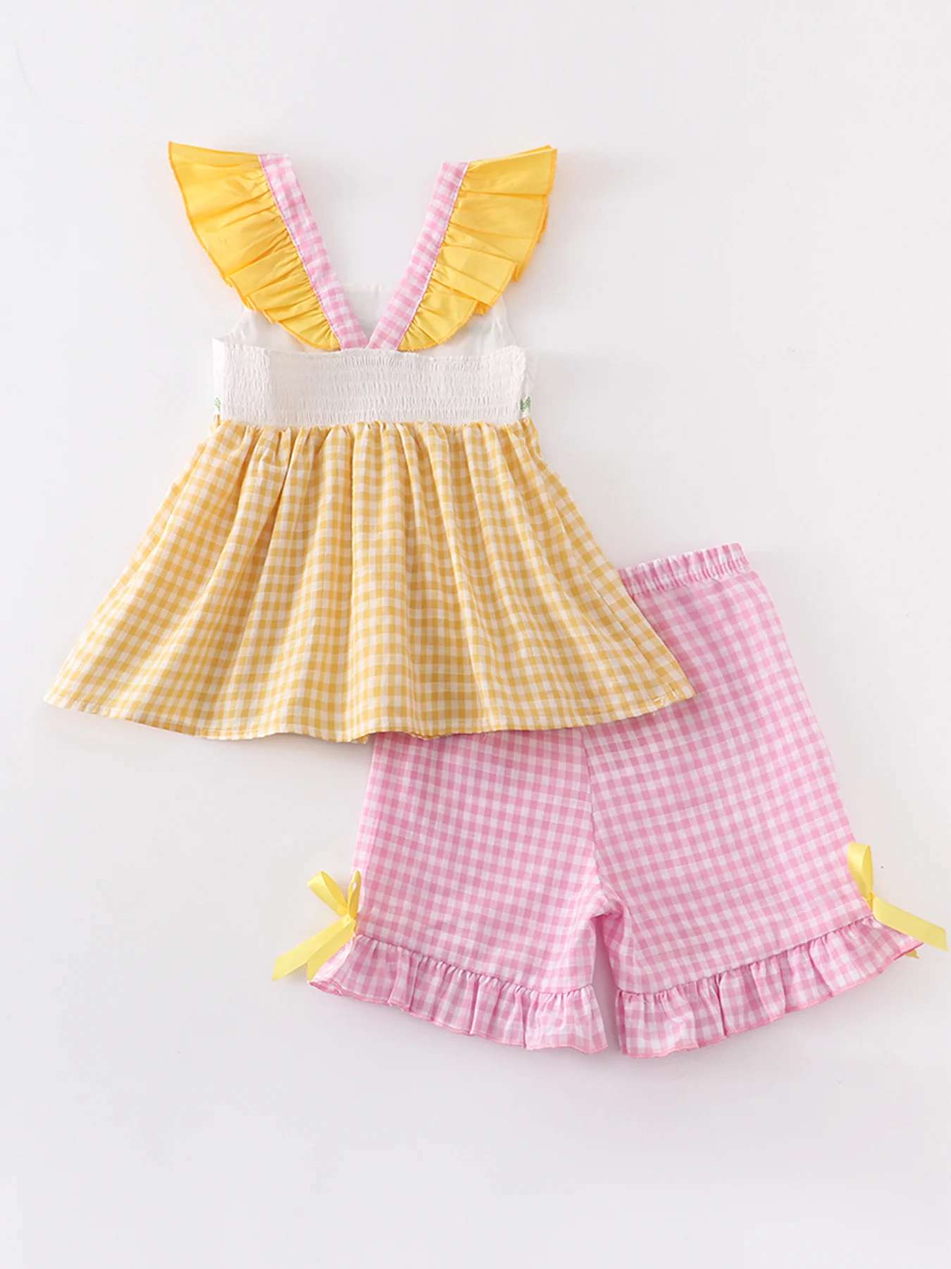 Yellow Plaid Chicken Applique Ruffle Girl Set - Image 5