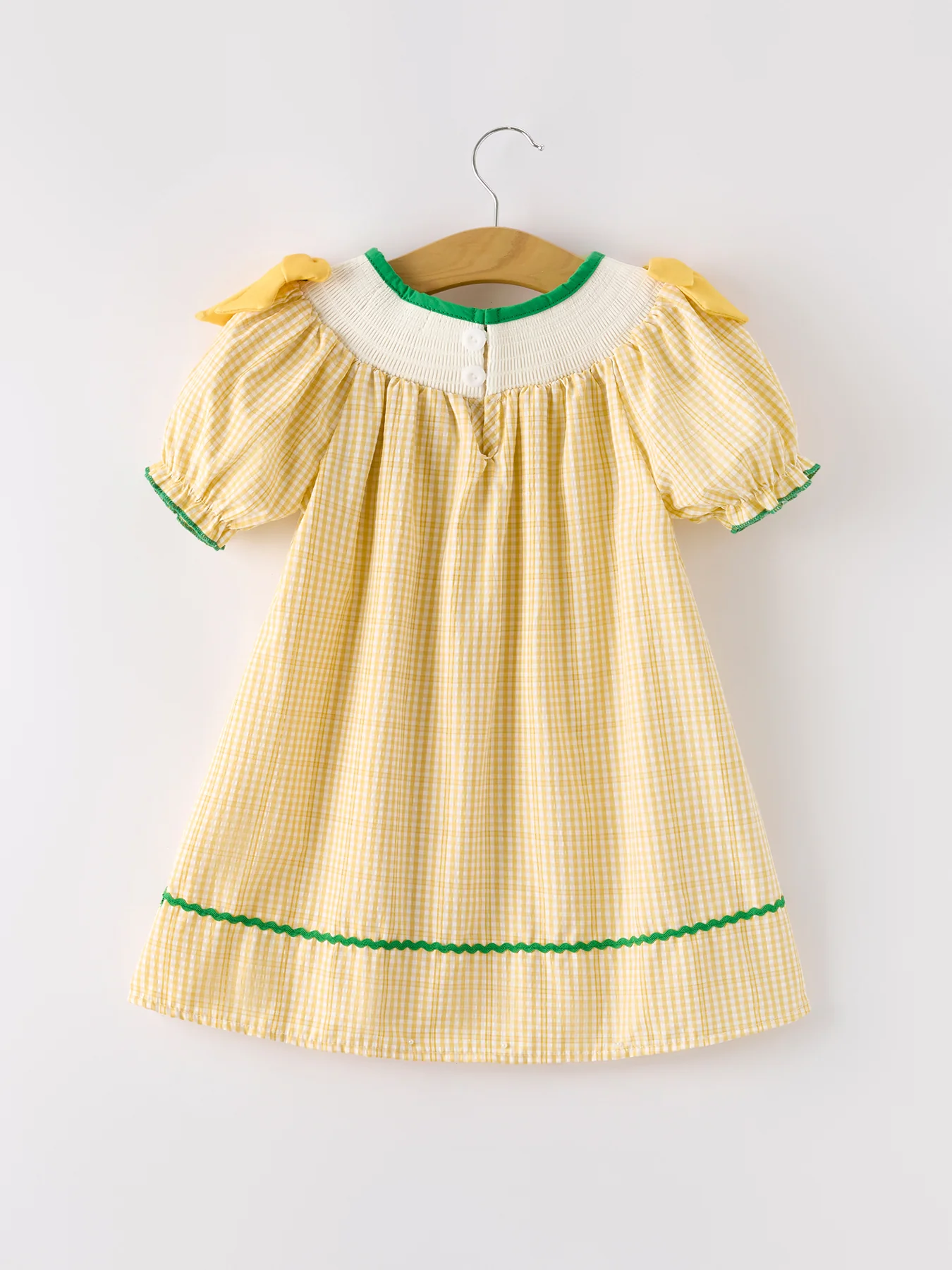 Yellow Plaid Floral Smocking Embroidered Dress - Image 2